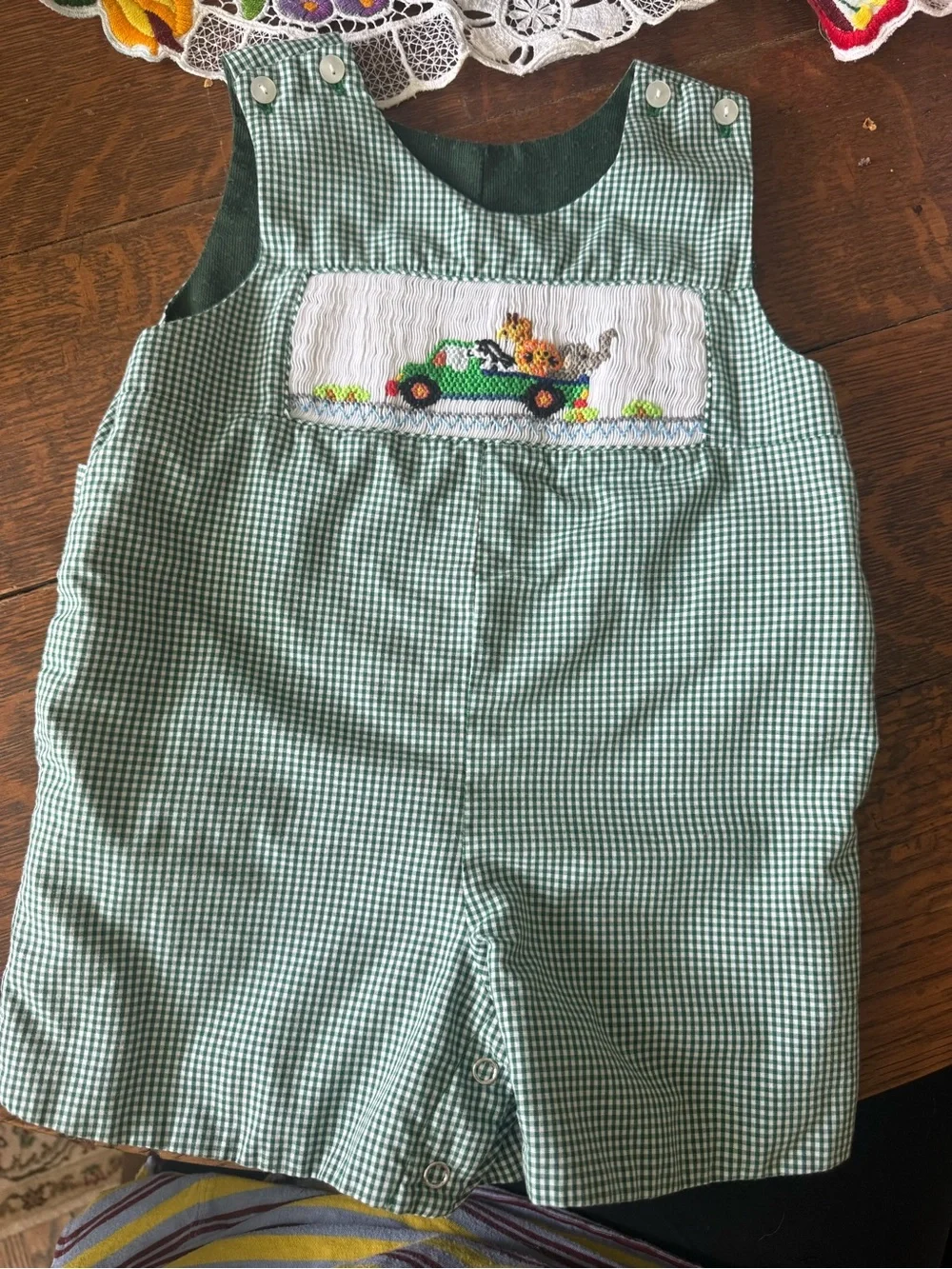 Green Gingham Smocked Baby Shortall with Car Embroidery